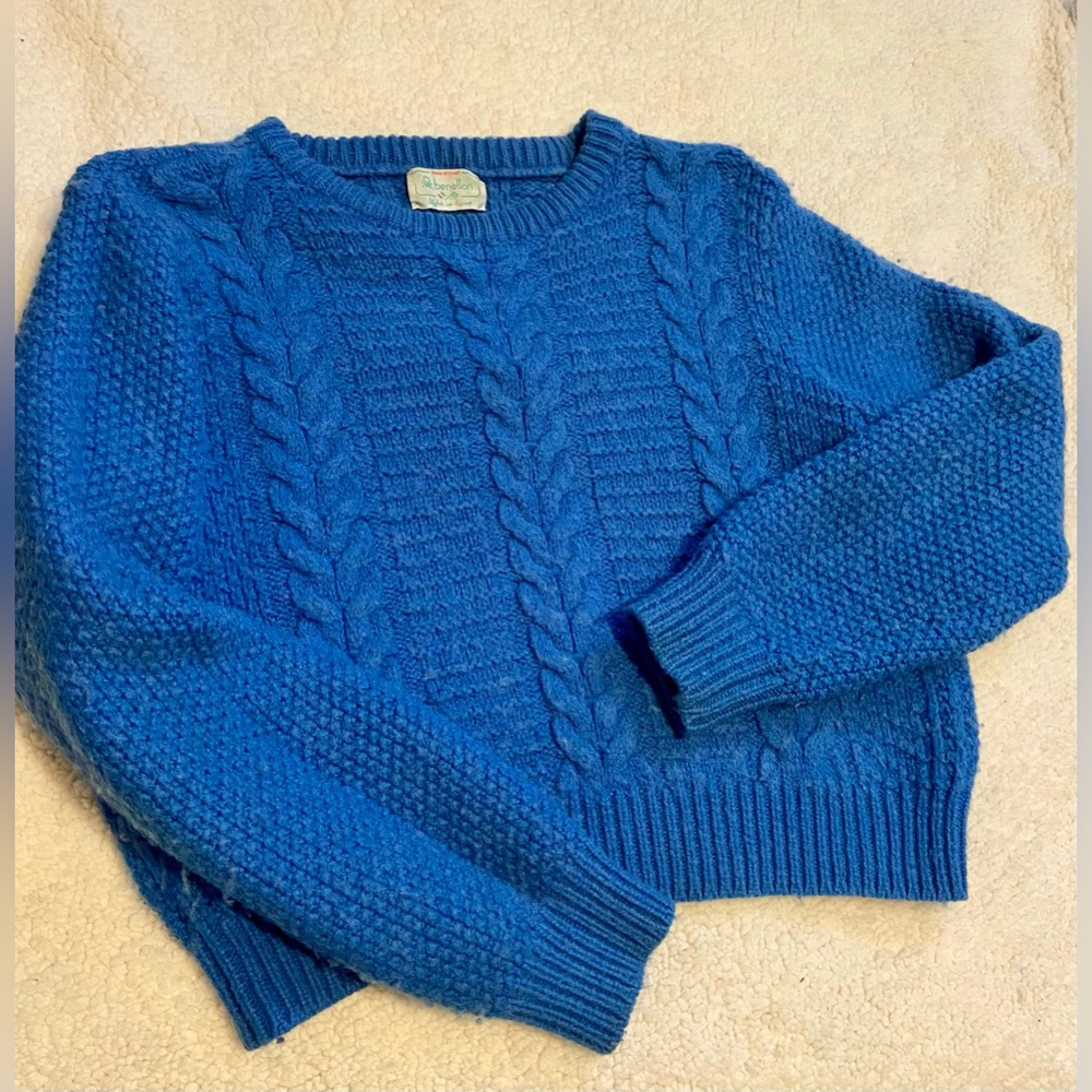 United colors of Benetton Vintage crop top blue wool cableknit sweater